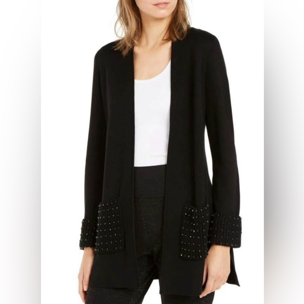 Alfani Black Beaded Open Front Cardigan with Pockets; Sz Large